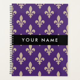 Fleur de Lis, Beige on Purple, Royal, Your Name Planner