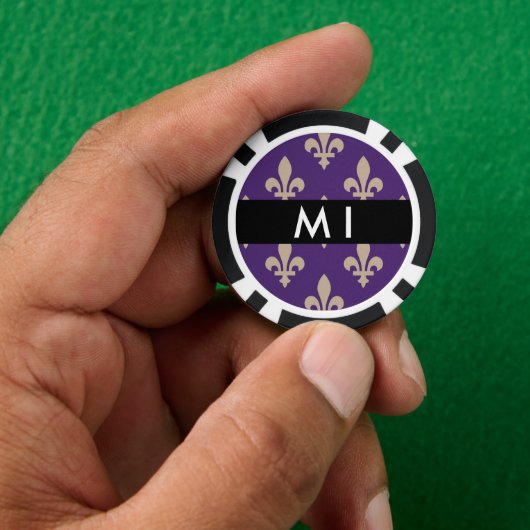 Fleur de Lis, Beige on Purple, Royal, Your Name Poker Chips (Hand)