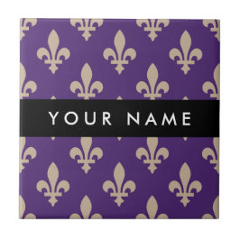 Fleur de Lis, Beige on Purple, Royal, Your Name Tegeltje