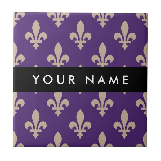Fleur de Lis, Beige on Purple, Royal, Your Name Tegeltje (Voorkant)