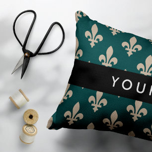 Fleur de Lis, Beige op Groen, Koninklijk, Uw Naam Accent Kussen