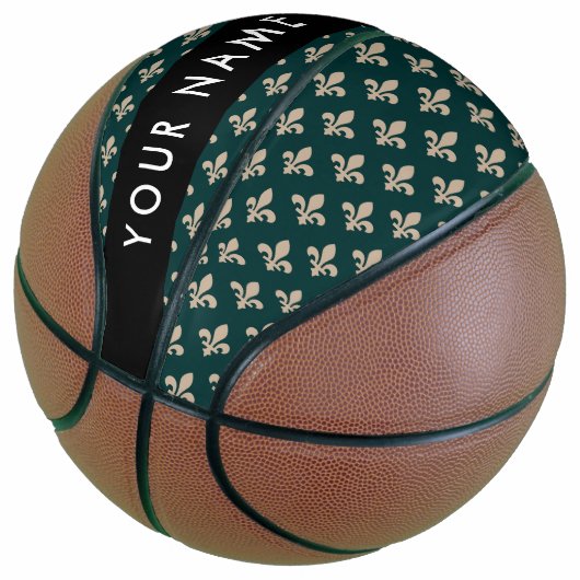 Fleur de Lis, Beige op Groen, Koninklijk, Uw Naam Basketbal (Schuin)