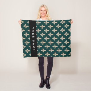 Fleur de Lis, Beige op Groen, Koninklijk, Uw Naam Fleece Deken