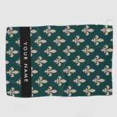 Fleur de Lis, Beige op Groen, Koninklijk, Uw Naam Golfhanddoek (Horizontaal)