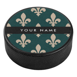 Fleur de Lis, Beige op Groen, Koninklijk, Uw Naam Hockey Puck