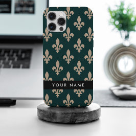 Fleur de Lis, Beige op Groen, Koninklijk, Uw Naam iPhone 15 Pro Max Case