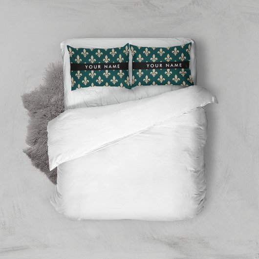 Fleur de Lis, Beige op Groen, Koninklijk, Uw Naam Kussensloop