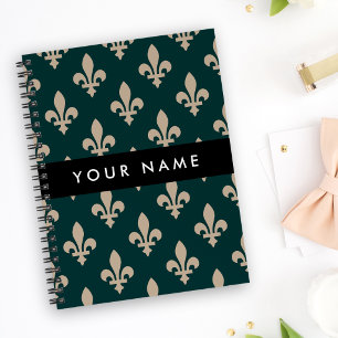 Fleur de Lis, Beige op Groen, Koninklijk, Uw Naam Notitieboek