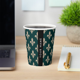 Fleur de Lis, Beige op Groen, Koninklijk, Uw Naam Papieren Bekers