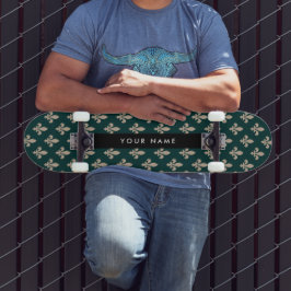 Fleur de Lis, Beige op Groen, Koninklijk, Uw Naam Persoonlijk Skateboard