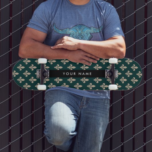 Fleur de Lis, Beige op Groen, Koninklijk, Uw Naam Persoonlijk Skateboard (Buiten 3)