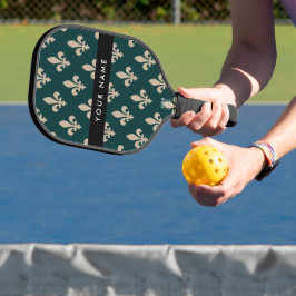 Fleur de Lis, Beige op Groen, Koninklijk, Uw Naam Pickleball Paddle
