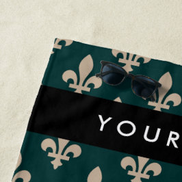 Fleur de Lis, Beige op Groen, Koninklijk, Uw Naam Strandlaken