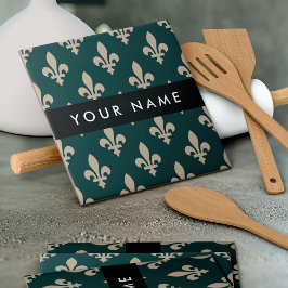 Fleur de Lis, Beige op Groen, Koninklijk, Uw Naam Tegeltje
