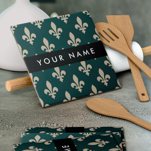 Fleur de Lis, Beige op Groen, Koninklijk, Uw Naam Tegeltje