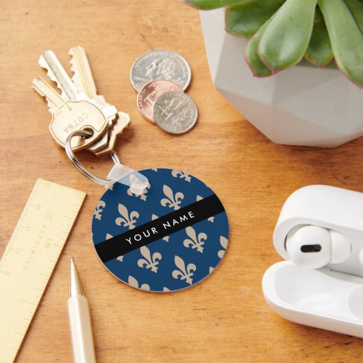 Fleur de Lis, Beige op Navy Blue, Koninklijk, Uw N Sleutelhanger (Bureau)