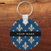 Fleur de Lis, Beige op Navy Blue, Koninklijk, Uw N Sleutelhanger (Voorkant)