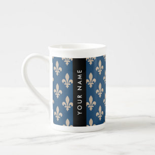 Fleur de Lis, Beige op Navyblauw, Koninklijk, Uw N Porselein Kop