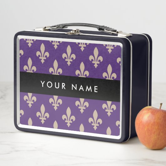 Fleur de Lis, Beige op Paars, Koninklijk, Uw Naam (In situ)