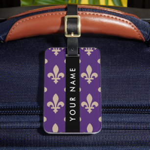 Fleur de Lis, Beige op Paars, Koninklijk, Uw Naam Bagagelabel