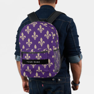 Fleur de Lis, Beige op Paars, Koninklijk, Uw Naam Bedrukte Rugzak