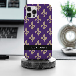 Fleur de Lis, Beige op Paars, Koninklijk, Uw Naam iPhone 15 Pro Max Hoesje