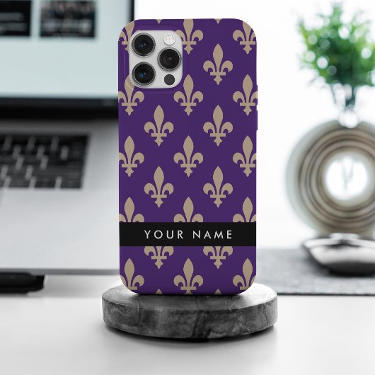 Fleur de Lis, Beige op Paars, Koninklijk, Uw Naam Case-Mate iPhone Case