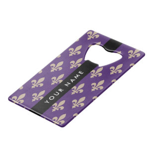 Fleur de Lis, Beige op Paars, Koninklijk, Uw Naam Creditkaart Flessenopener