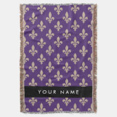 Fleur de Lis, Beige op Paars, Koninklijk, Uw Naam Deken (Voorkant Verticaal)