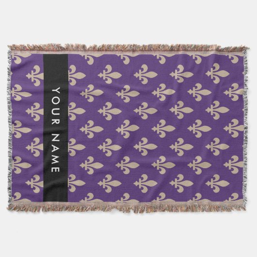 Fleur de Lis, Beige op Paars, Koninklijk, Uw Naam Deken (Voorkant)