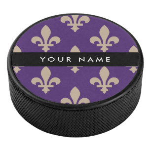 Fleur de Lis, Beige op Paars, Koninklijk, Uw Naam Hockey Puck