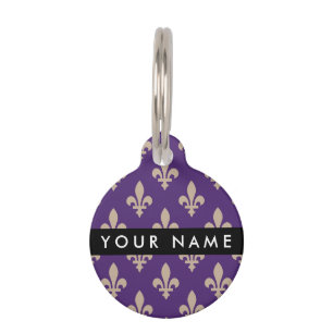Fleur de Lis, Beige op Paars, Koninklijk, Uw Naam Huisdierpenning