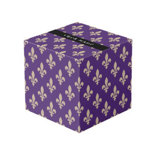 Fleur de Lis, Beige op Paars, Koninklijk, Uw Naam Kubus