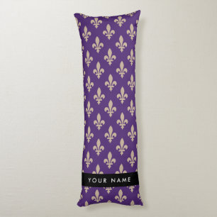 Fleur de Lis, Beige op Paars, Koninklijk, Uw Naam Lichaamskussen