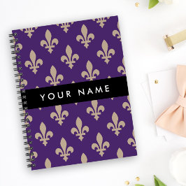 Fleur de Lis, Beige op Paars, Koninklijk, Uw Naam Notitieboek