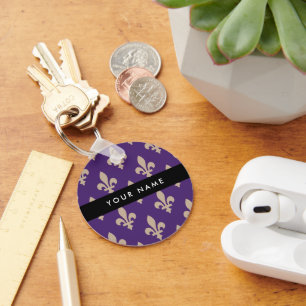Fleur de Lis, Beige op Paars, Koninklijk, Uw Naam Sleutelhanger
