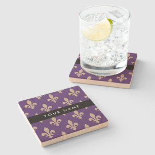 Fleur de Lis, Beige op Paars, Koninklijk, Uw Naam Stenen Onderzetter
