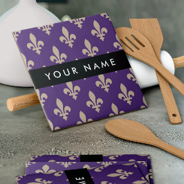 Fleur de Lis, Beige op Paars, Koninklijk, Uw Naam Tegeltje