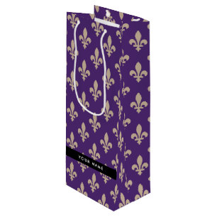 Fleur de Lis, Beige op Paars, Koninklijk, Uw Naam Wijn Cadeautas