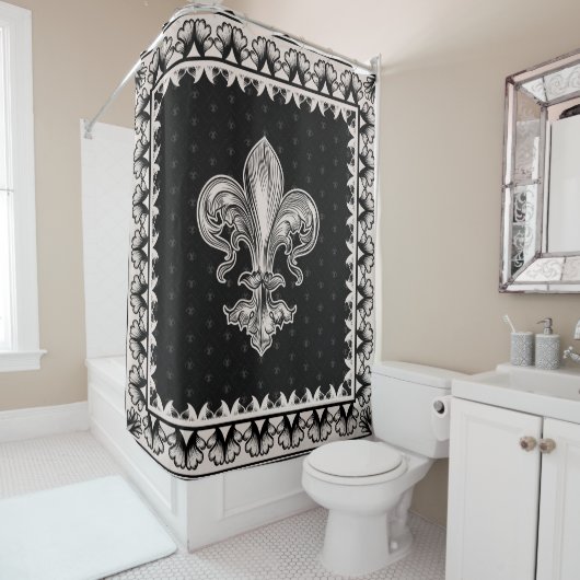 Fleur-de-lis - Black en Cream Douchegordijn (In situ)