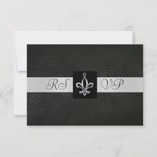 Fleur De Lis Black Leather RSVP Antwoord Uitnodigi (Voorkant)