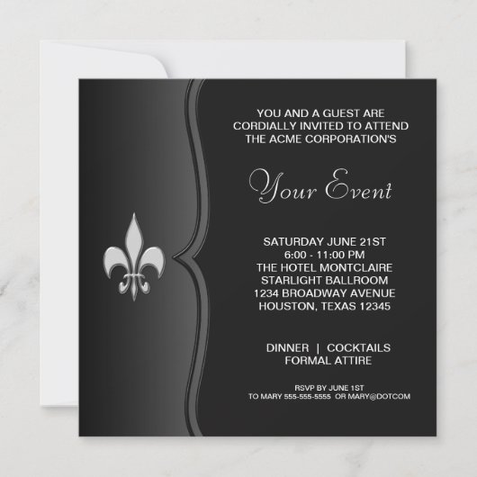 Fleur De Lis Black Tie Zakelijk Feest Kaart (Voorkant)