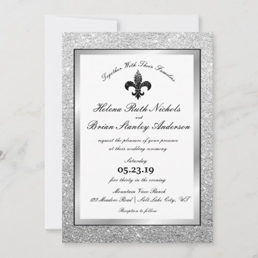 Fleur De Lis Black White Silver Glitter Wedding Kaart (Voorkant)