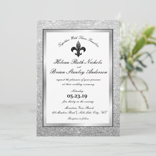 Fleur De Lis Black White Silver Glitter Wedding Kaart (Staand voorkant)