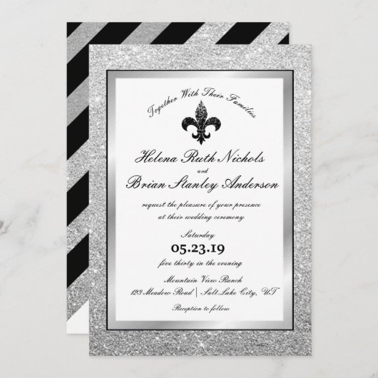 Fleur De Lis Black White Silver Glitter Wedding Kaart (Voorkant / Achterkant)