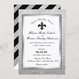 Fleur De Lis Black White Silver Glitter Wedding Kaart