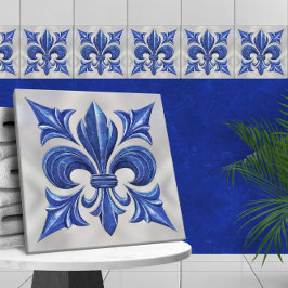 Fleur-De-Lis Blauw Marmer en parel Tegeltje