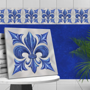 Fleur-De-Lis Blauw Marmer en parel Tegeltje