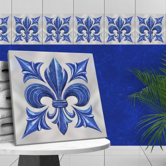 Fleur-De-Lis Blauw Marmer en parel Tegeltje