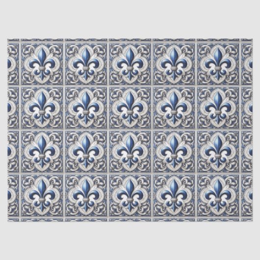Fleur De Lis Blauwe en Witte Tegelmotief Decoupage Tissuepapier (Voorkant)